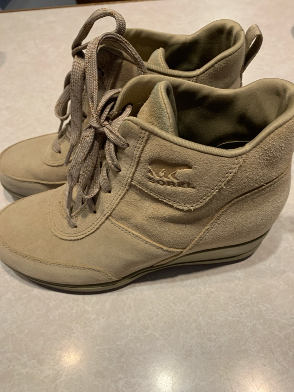 Sorel Beige Suede Wedge Lace-Up Ankle Boots Size 8